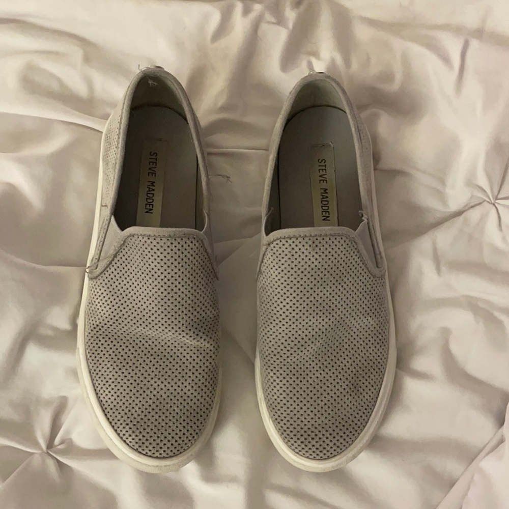 Grey Steve Madden slides